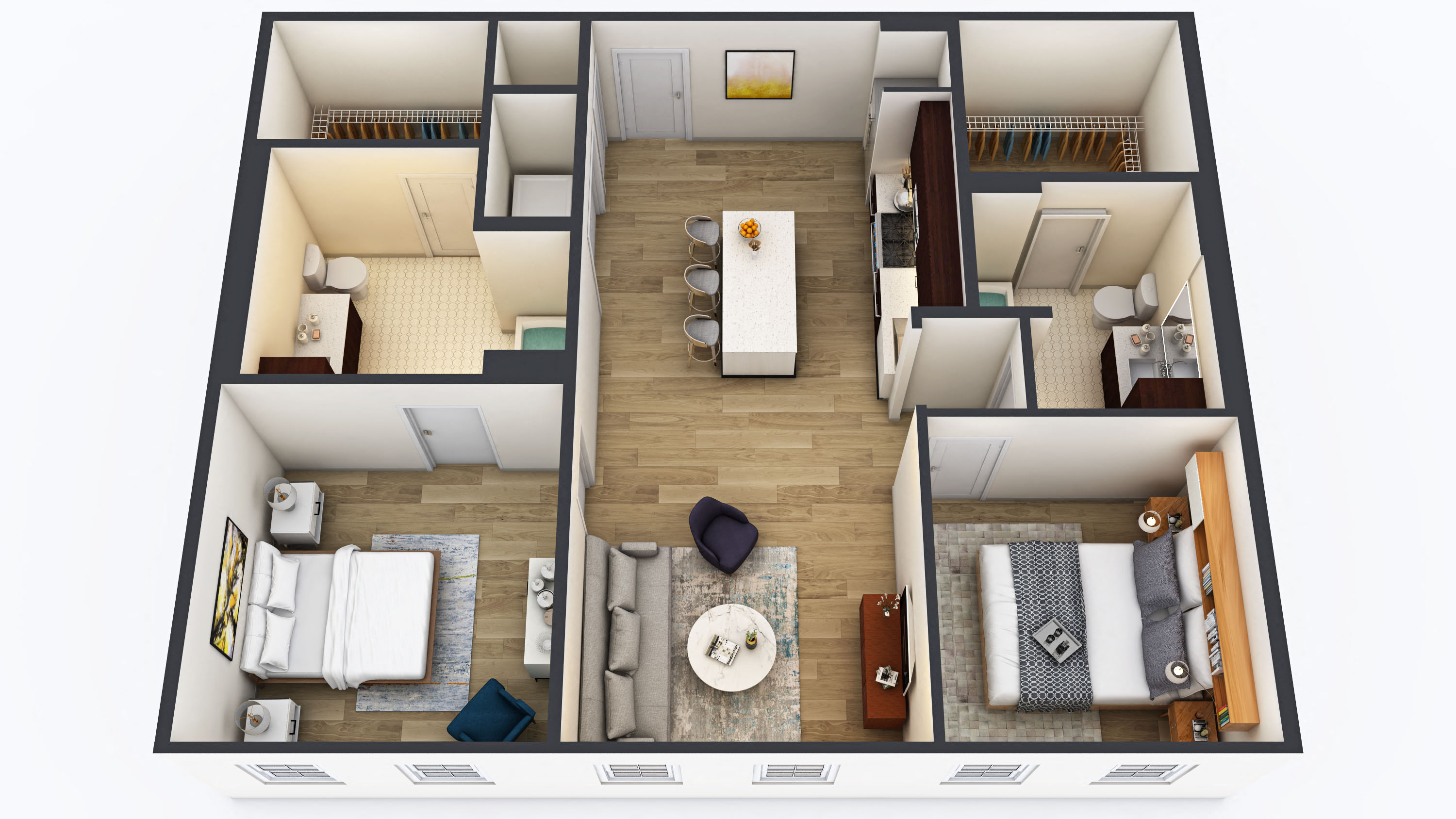 Floor plan for 2 beds, 2 baths, 1077 sqft
